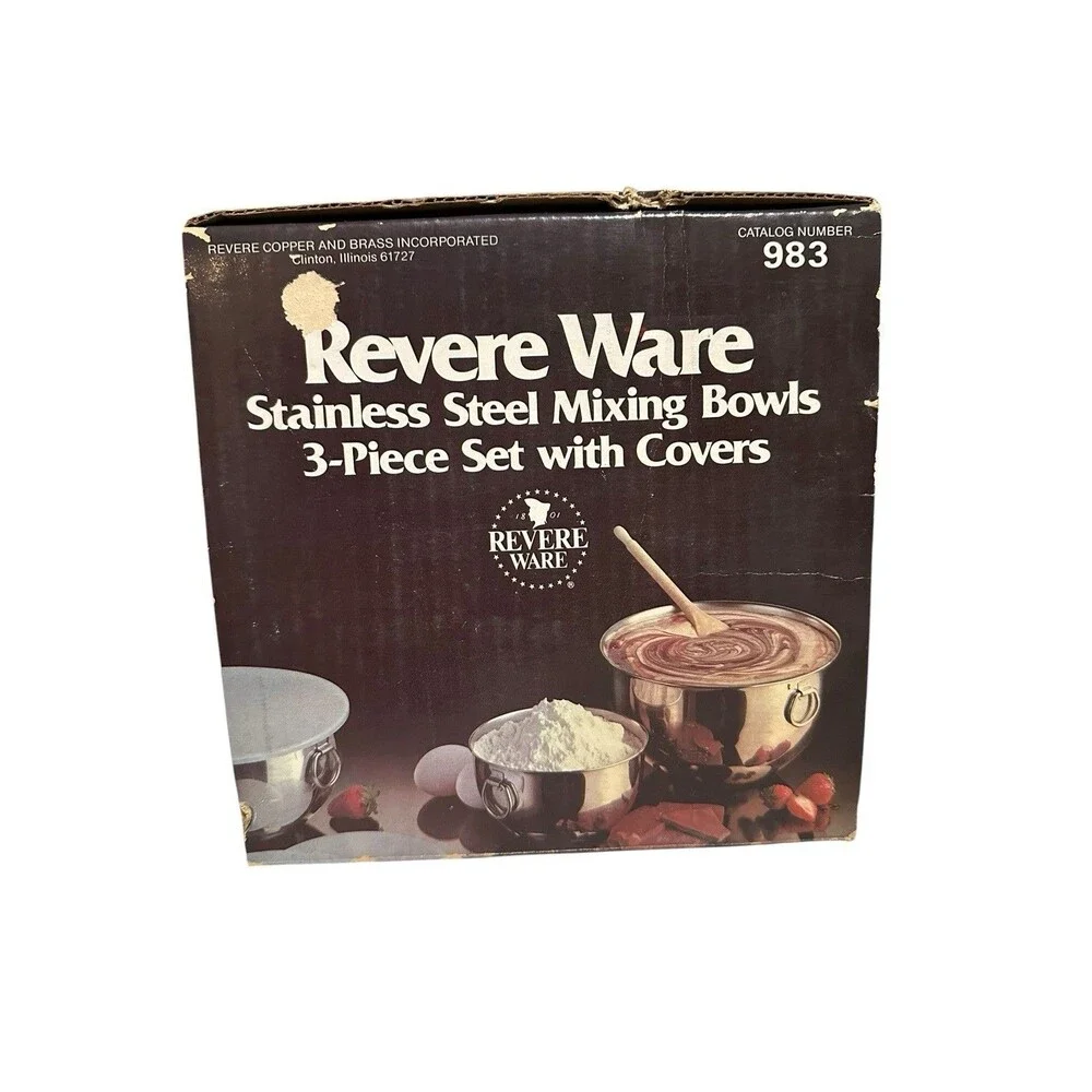 Vintage Revere Ware Stainless Steel Mixing Bowls w/ Lids 3-pc 1, 2,3 QT. New